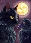 Black Cat Crow and Mother Moon ACEO Print by BucksCountyDesi